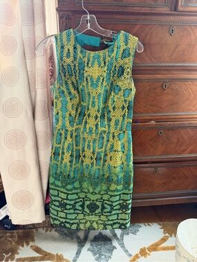 Muse Teal and Yellow Patterned Sleeveless Sheath Dress